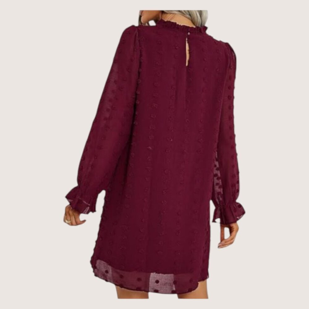 Adibosy Burgundy Ruffle Mock Neck Chiffon Lined Mini Dress Long Sleeve Plus 2XL - Picture 3 of 14